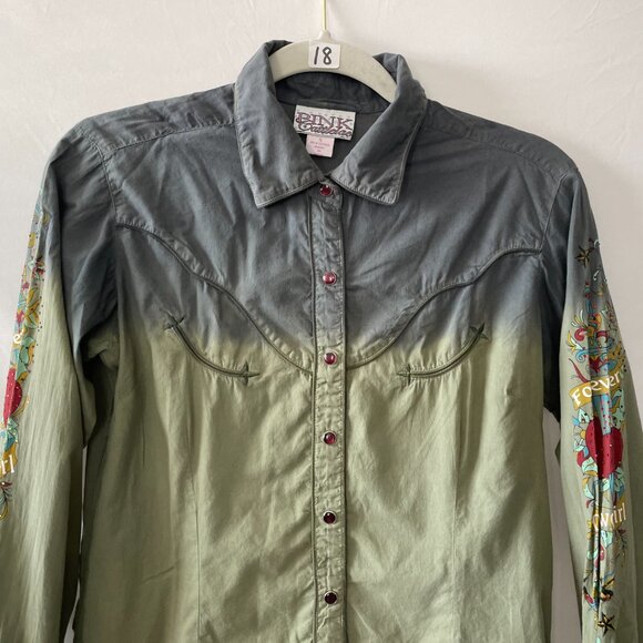 Pink Cattlelac Womens Green Pearl Snap Cowgirl Western Button Up Shirt Size S - Picture 2 of 8